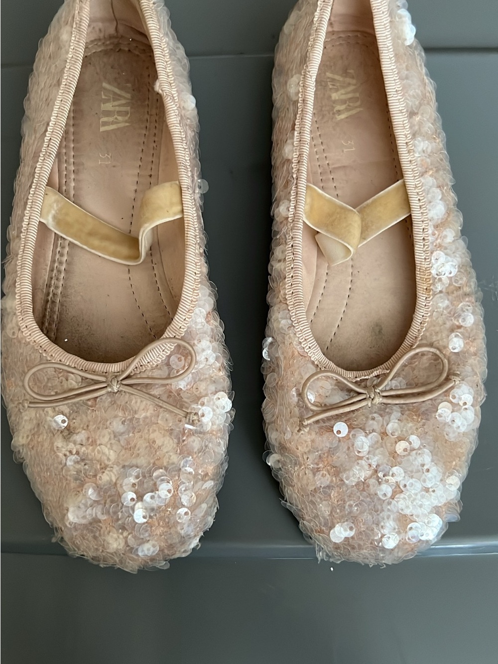 Zara Sequin Bow Ballet Flats - Nude Blush
